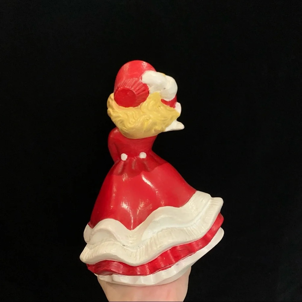 Vintage Ceramic Christmas Caroler Woman Red Flowing Dress Blowing in Wind FLAWS